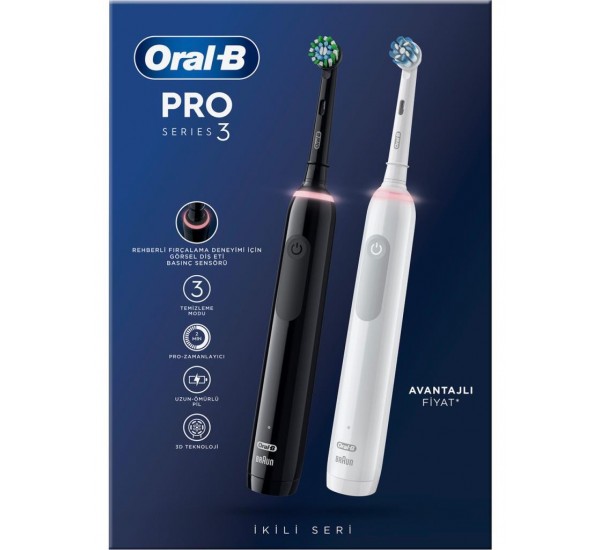 Oral-B Pro 3 - 3900 - Siyah Beyaz 2'li Elektrikli Diş Fırçası Seti